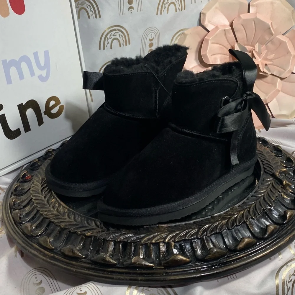 BearPaw Kids Black Slippers with Ribbon